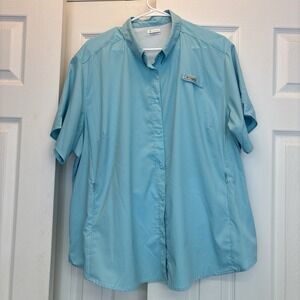 Columbia PFG Shirt Sz 3XL Omni Shade Button Down Teal Blue Short Sleeve Fishing